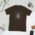 Dark brown graphic crewneck tee with multicolor square logo on the chest