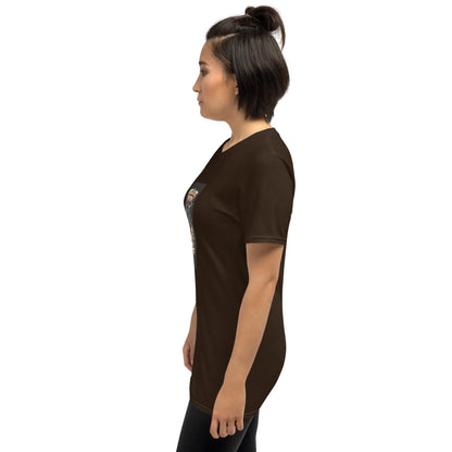 Unisex T-shirt in dark chocolate brown, side profile, crew neck, front graphic print