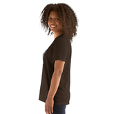 Unisex short-sleeve T-shirt, dark brown, side view with small front graphic