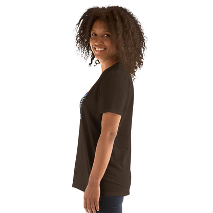 Dark chocolate T-shirt side view with front slogan text partially visible