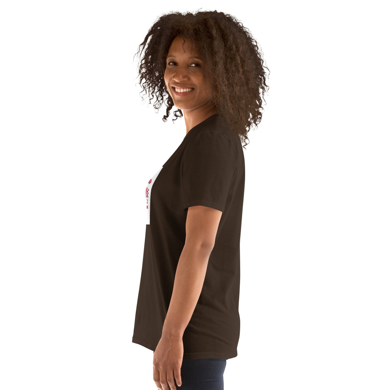 Dark chocolate unisex T-shirt side view, short sleeves, chest print edge