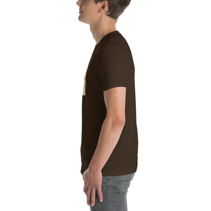 America Is A Scam T-shirt, dark chocolate, side view with short sleeves