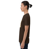 Unisex dark brown graphic tee side view showing chest graphic and short sleeves