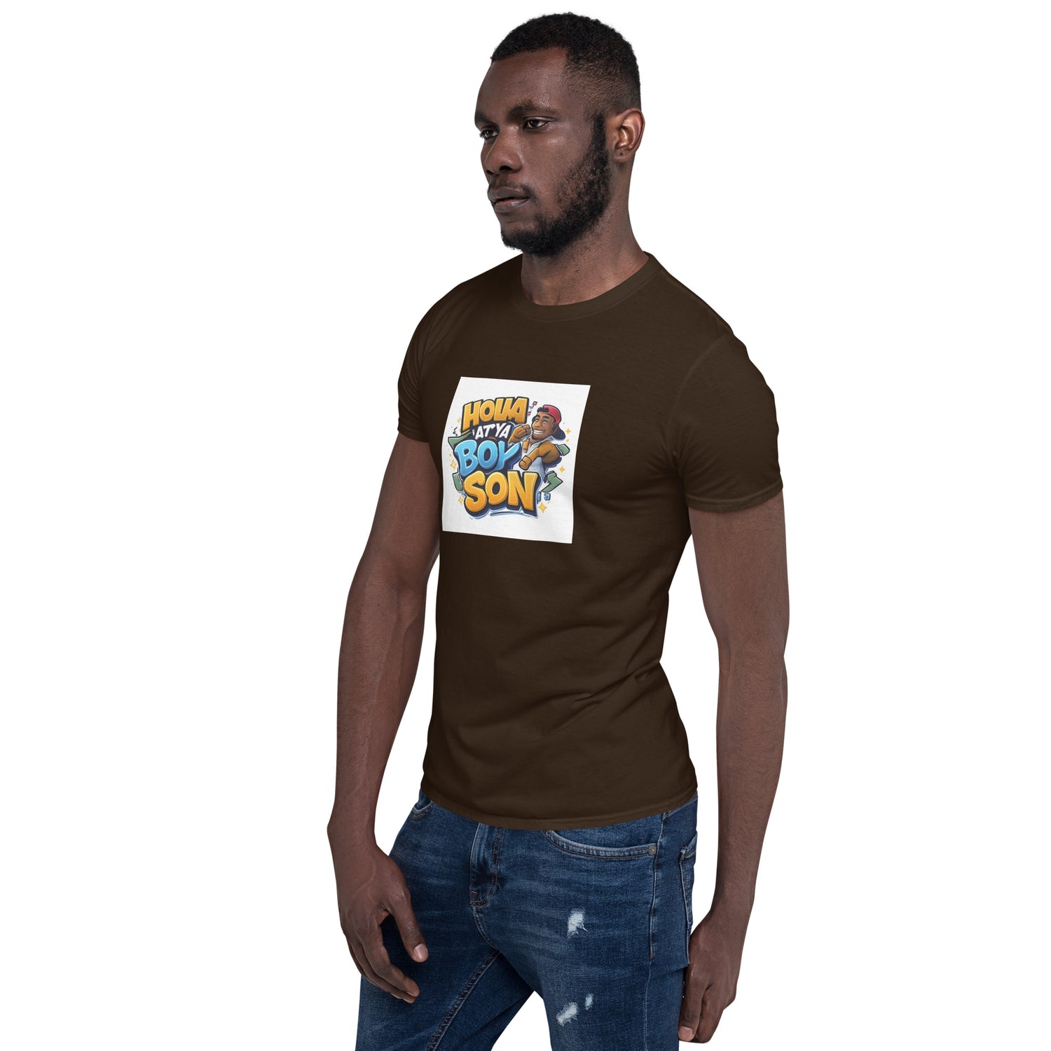 Dark chocolate unisex T-shirt with front “Holla at Ya Boy Son” graphic, crew neck short sleeves