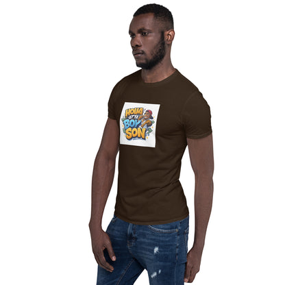 Dark chocolate unisex T-shirt with front “Holla at Ya Boy Son” graphic, crew neck short sleeves