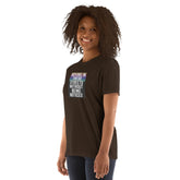 Unisex short-sleeve T-shirt, dark brown, centered front graphic with stacked lettering