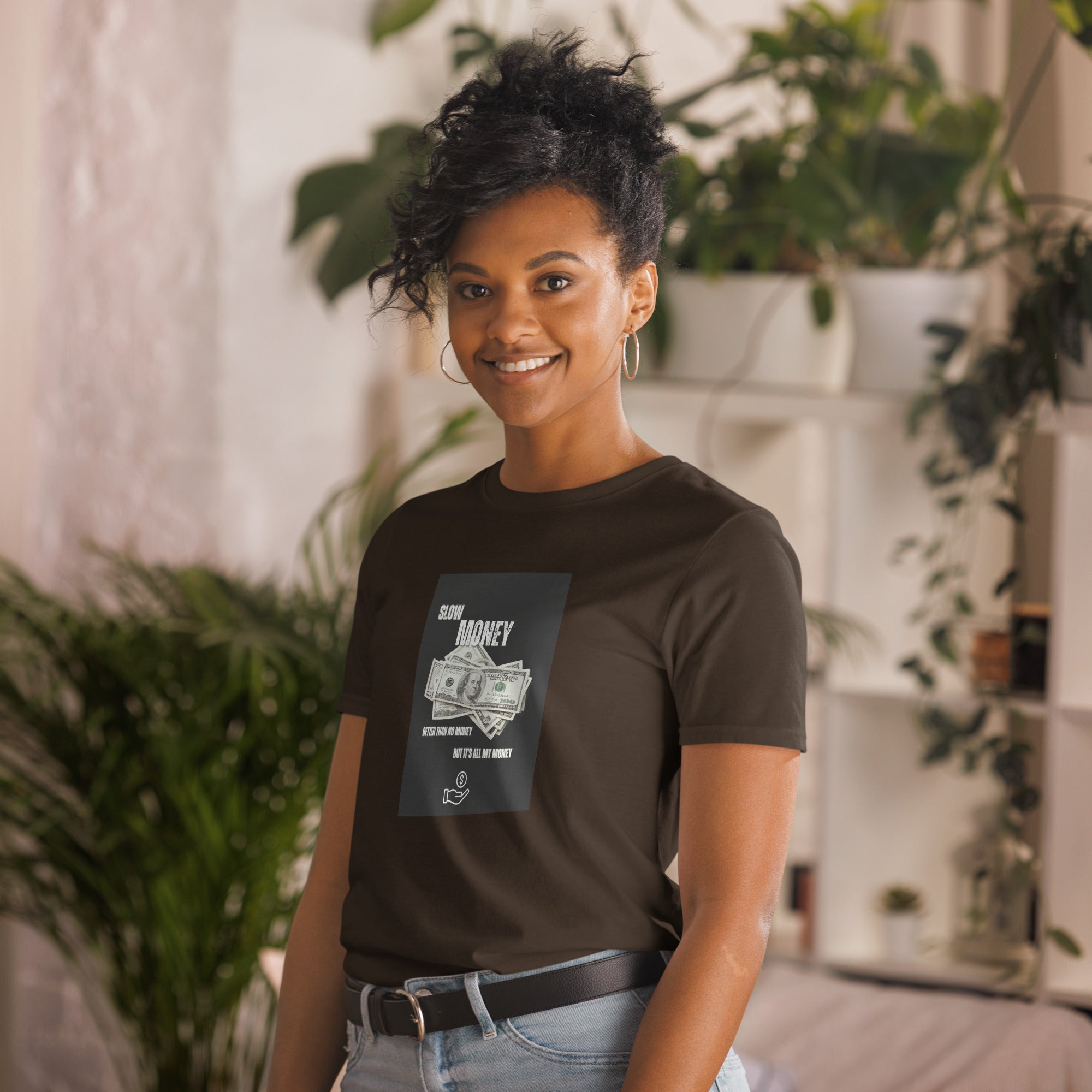 Black unisex T-shirt with short sleeves and &