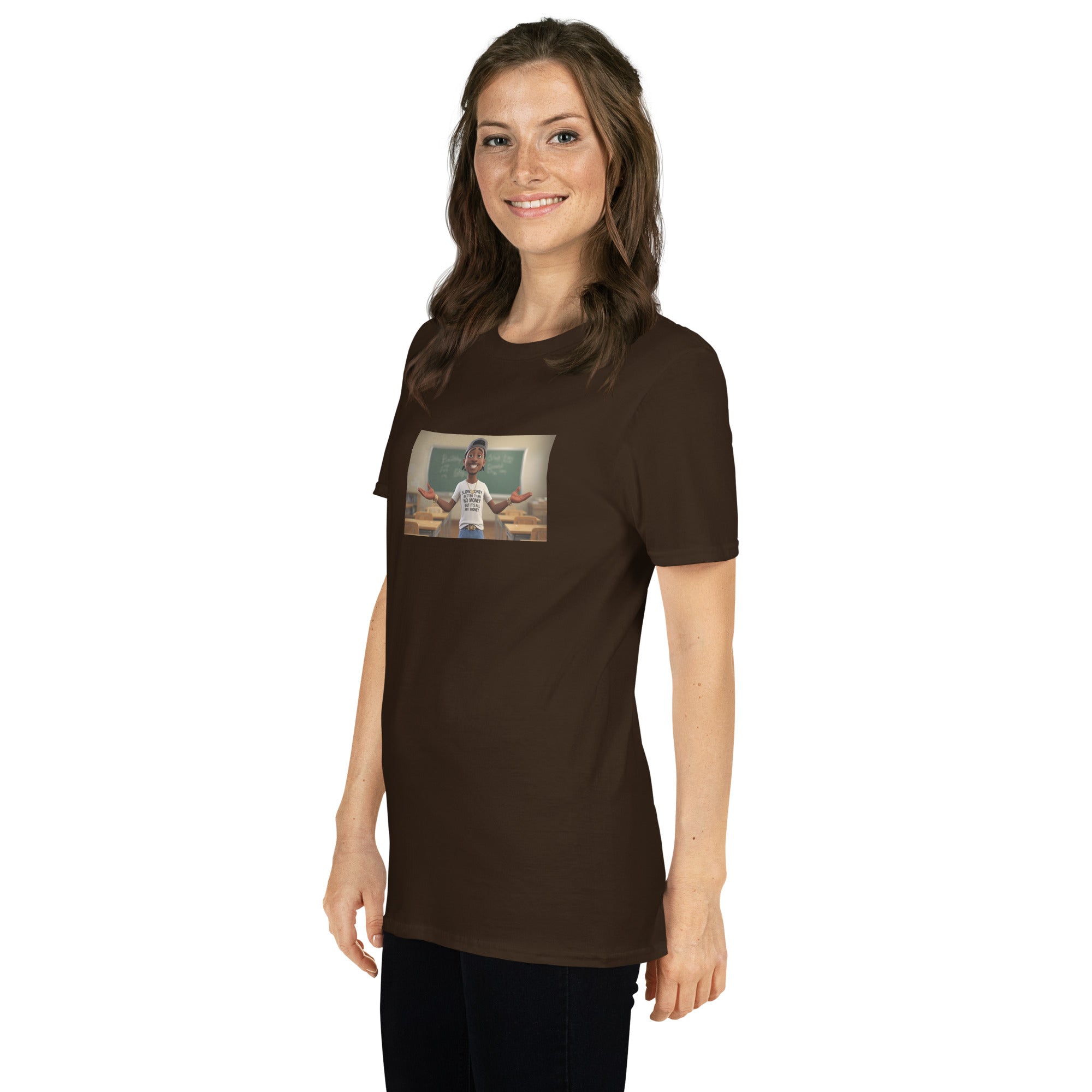 Dark chocolate unisex T-shirt with front graphic, short sleeves, crew neckline