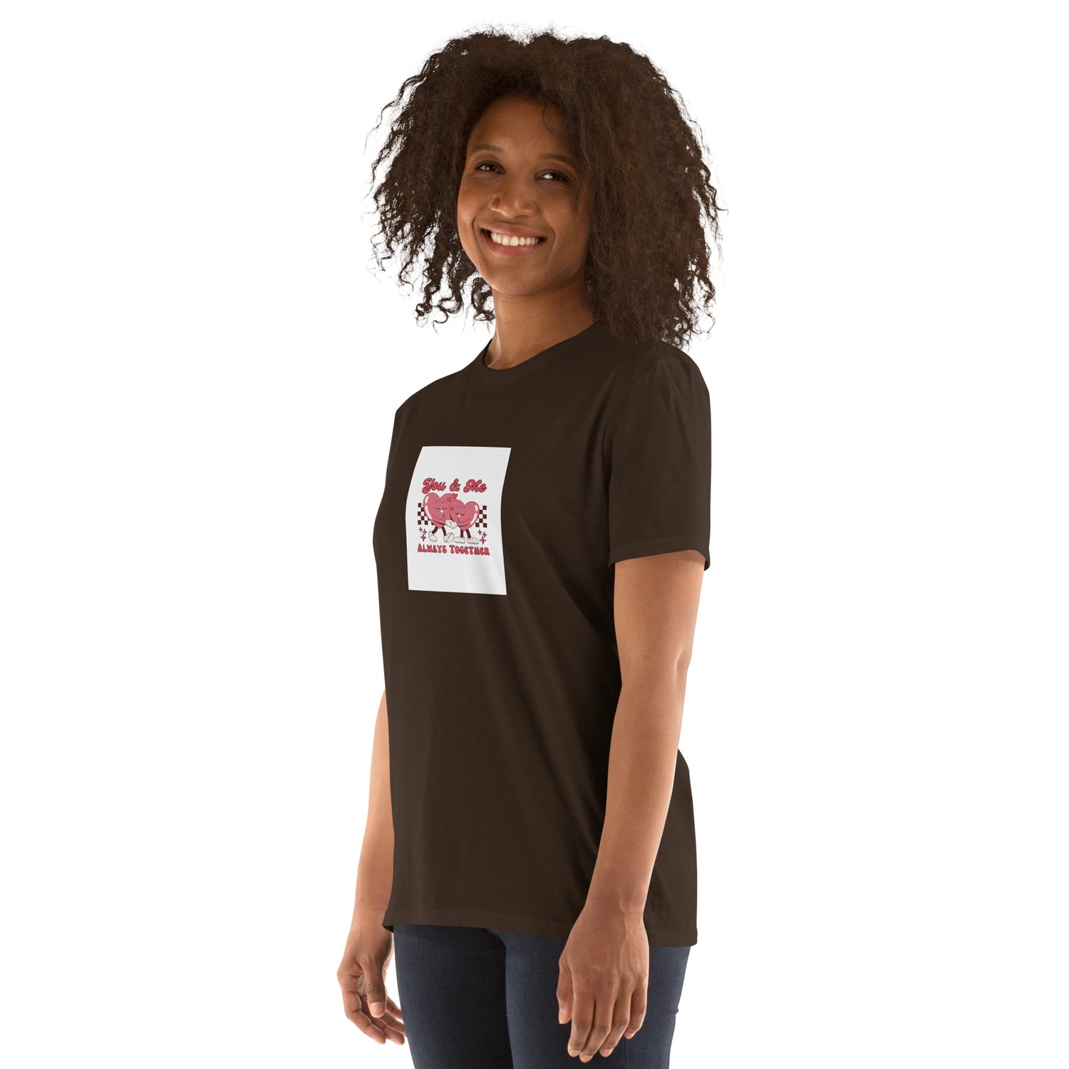 Dark chocolate unisex T-shirt front view with square heart couple graphic