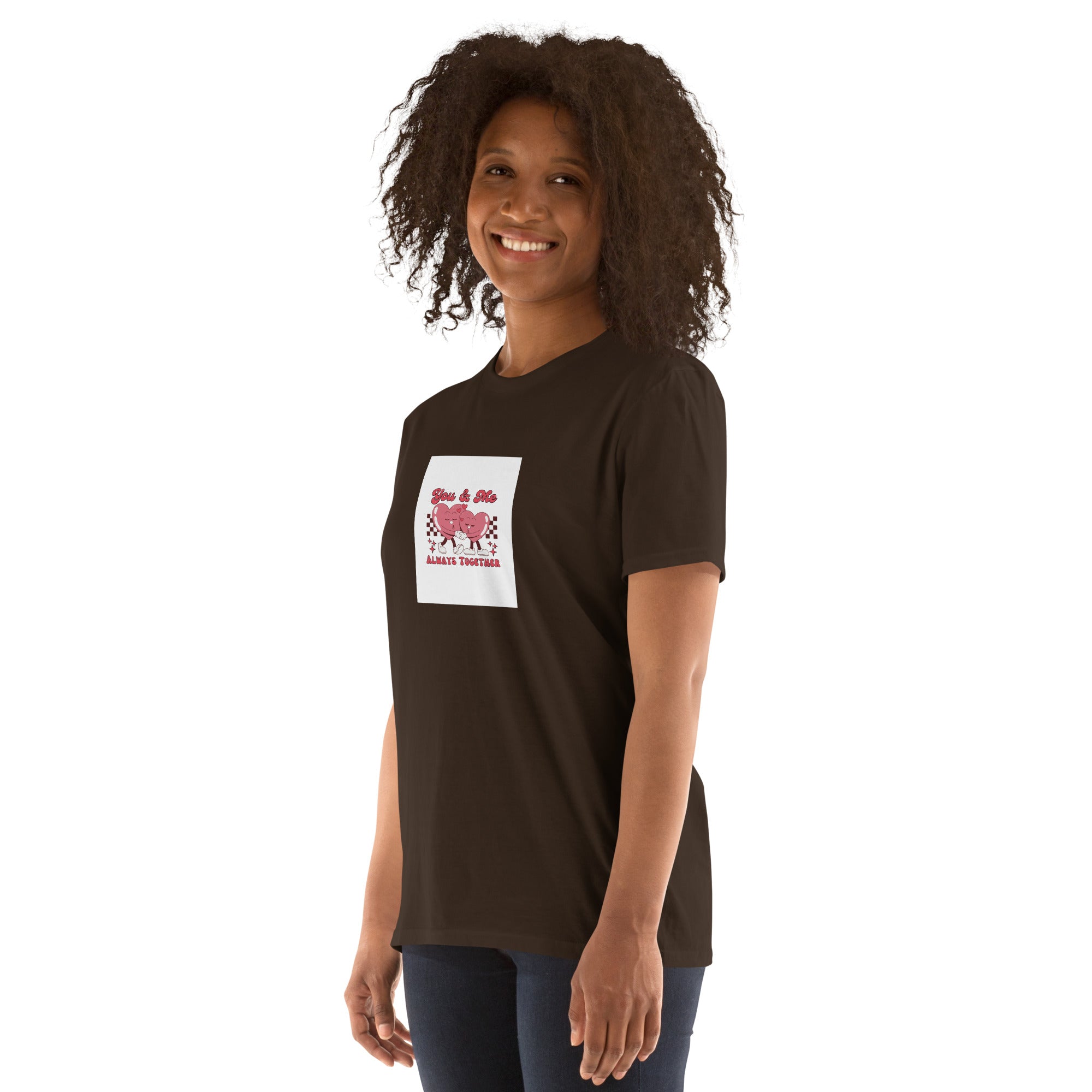 Dark chocolate unisex T-shirt front view with square heart couple graphic