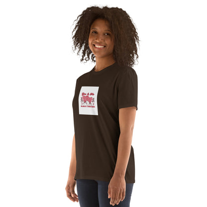 Dark chocolate unisex T-shirt front view with square heart couple graphic