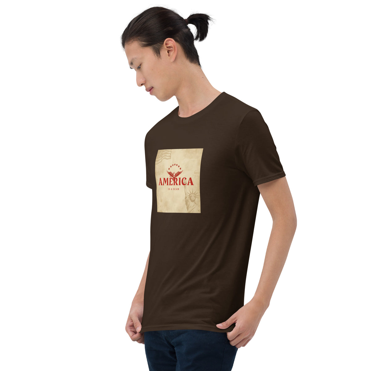 Dark chocolate unisex graphic tee with square America print at chest
