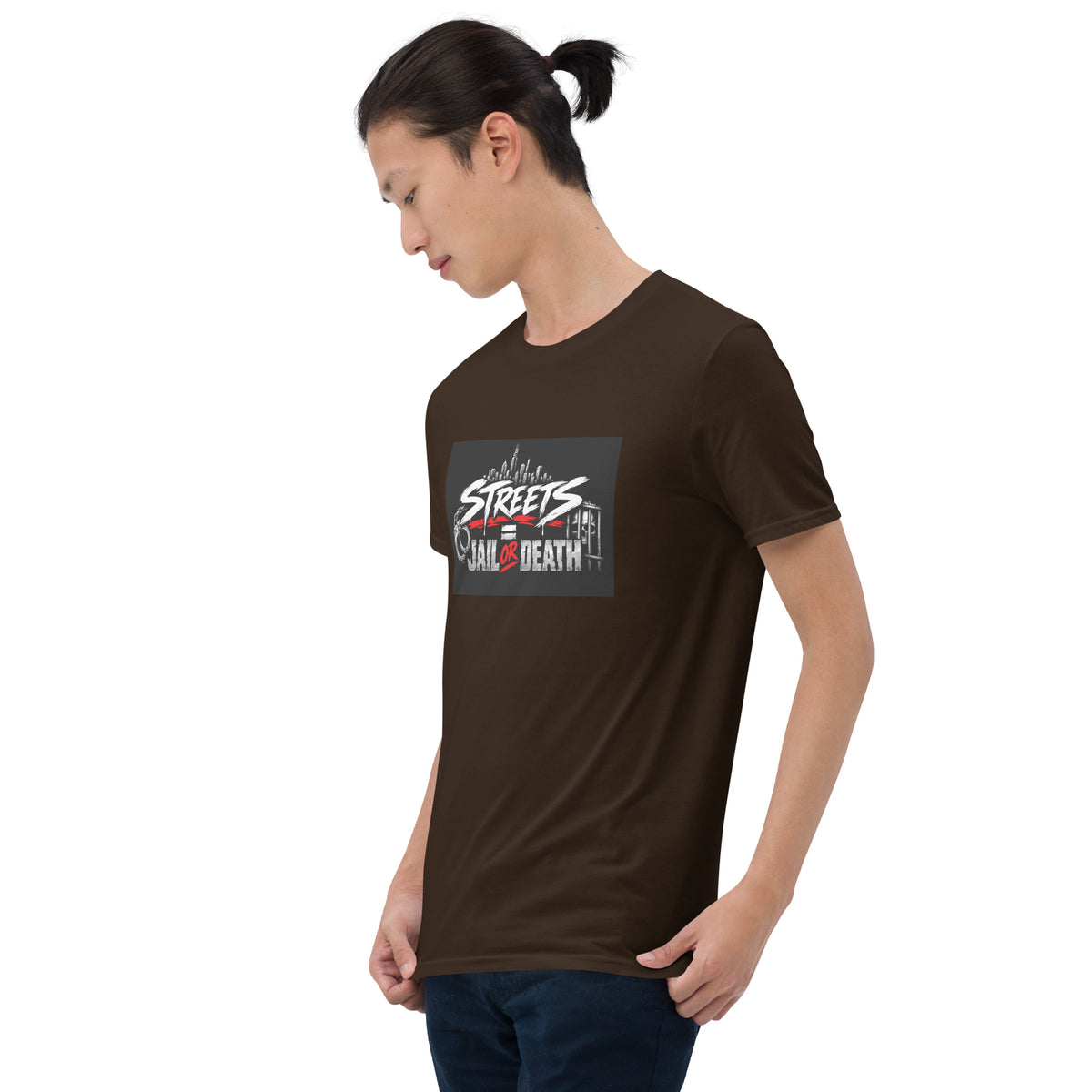 MIS Apparel unisex graphic T-shirt, dark brown, front logo print close view