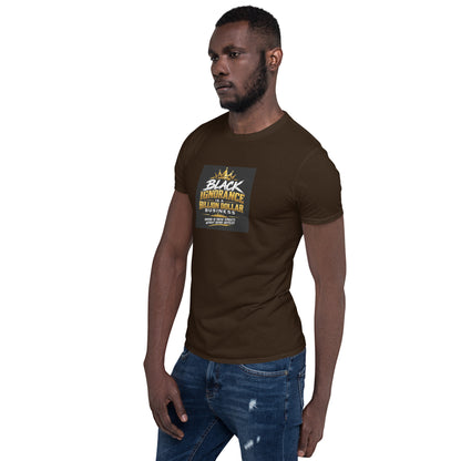 Dark chocolate unisex crew-neck T-shirt, angled side view, centered slogan graphic