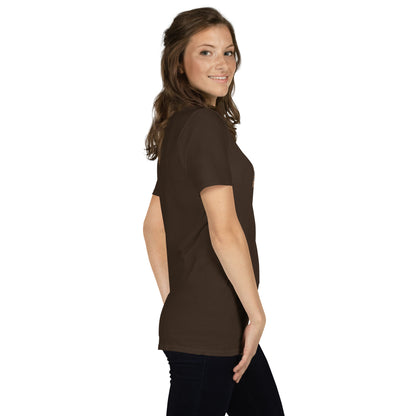 Dark chocolate unisex T-shirt, side view, front photo graphic