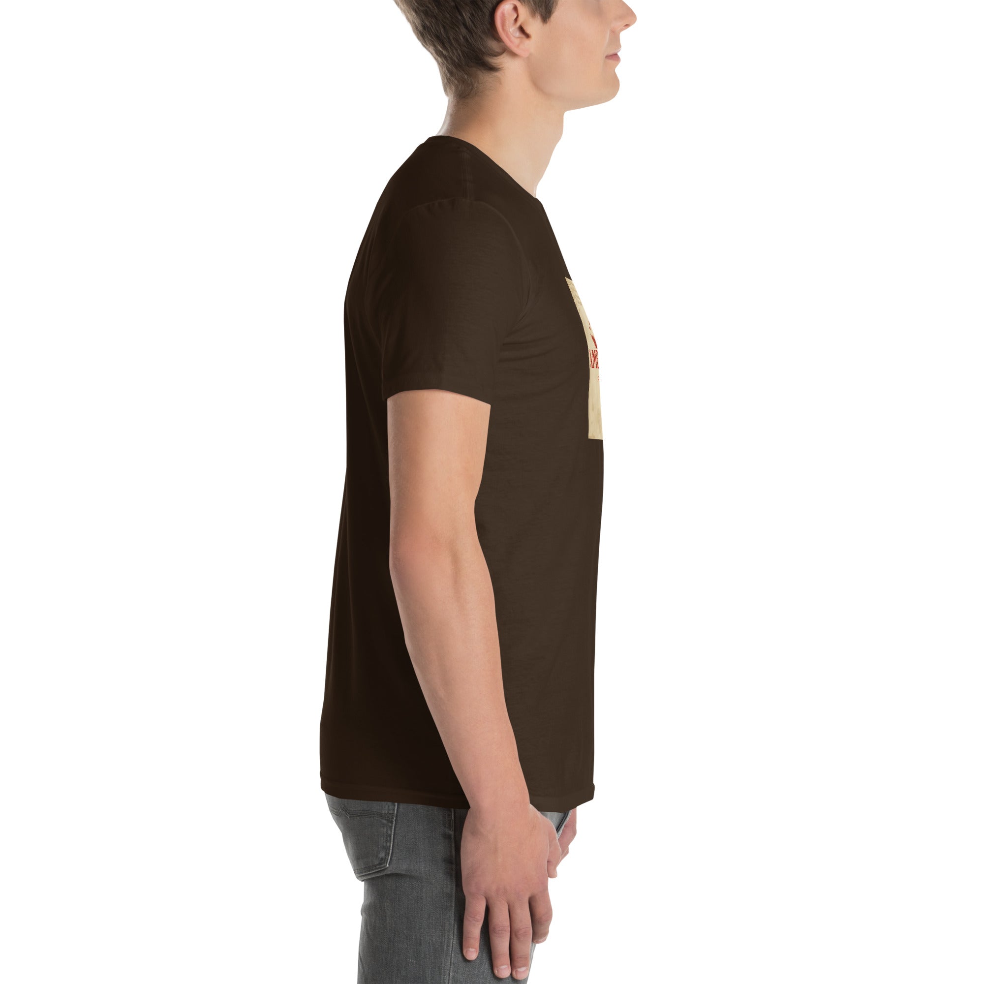America Is A Scam T-shirt, dark chocolate, side profile view