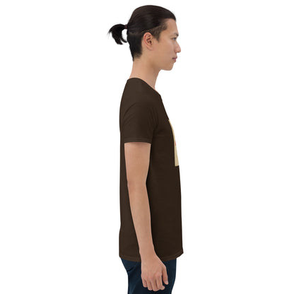 Dark chocolate unisex graphic tee, side view with America square chest print