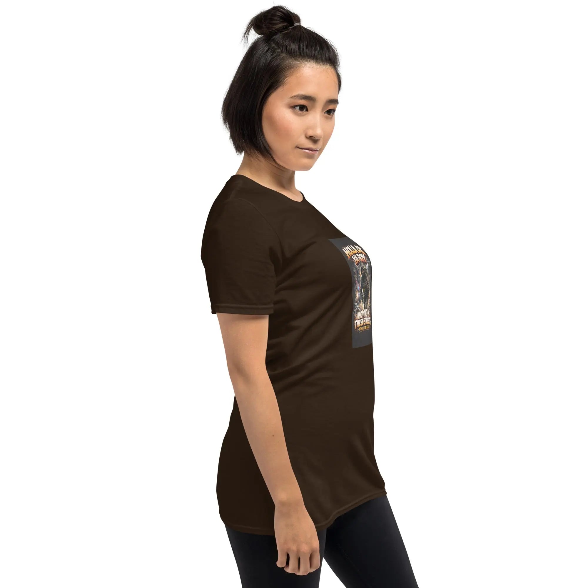 Dark chocolate unisex T-shirt side view with front graphic panel