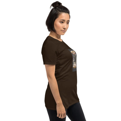 Dark chocolate unisex T-shirt side view with front graphic panel