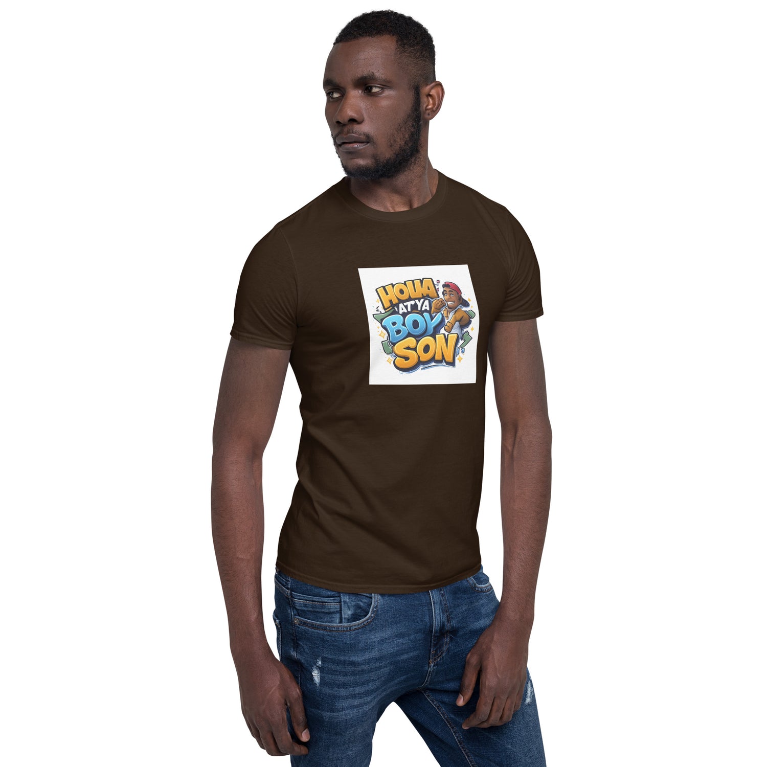Dark chocolate unisex short-sleeve T-shirt showing square “Holla at Ya Boy Son” chest print