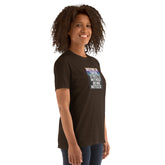 Unisex short-sleeve T-shirt, dark brown, front graphic visible in profile