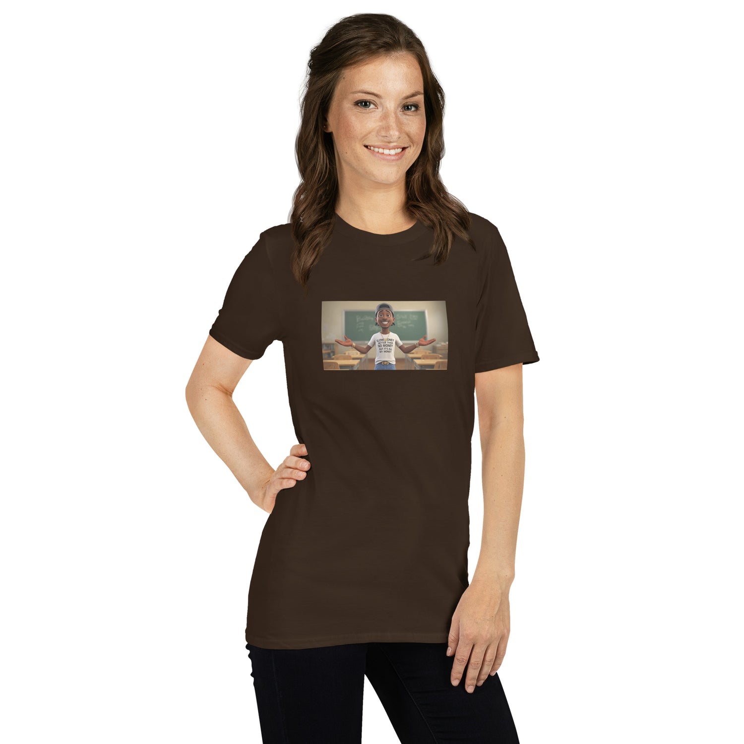 Dark chocolate unisex T-shirt, front photo graphic, crew neck short sleeves