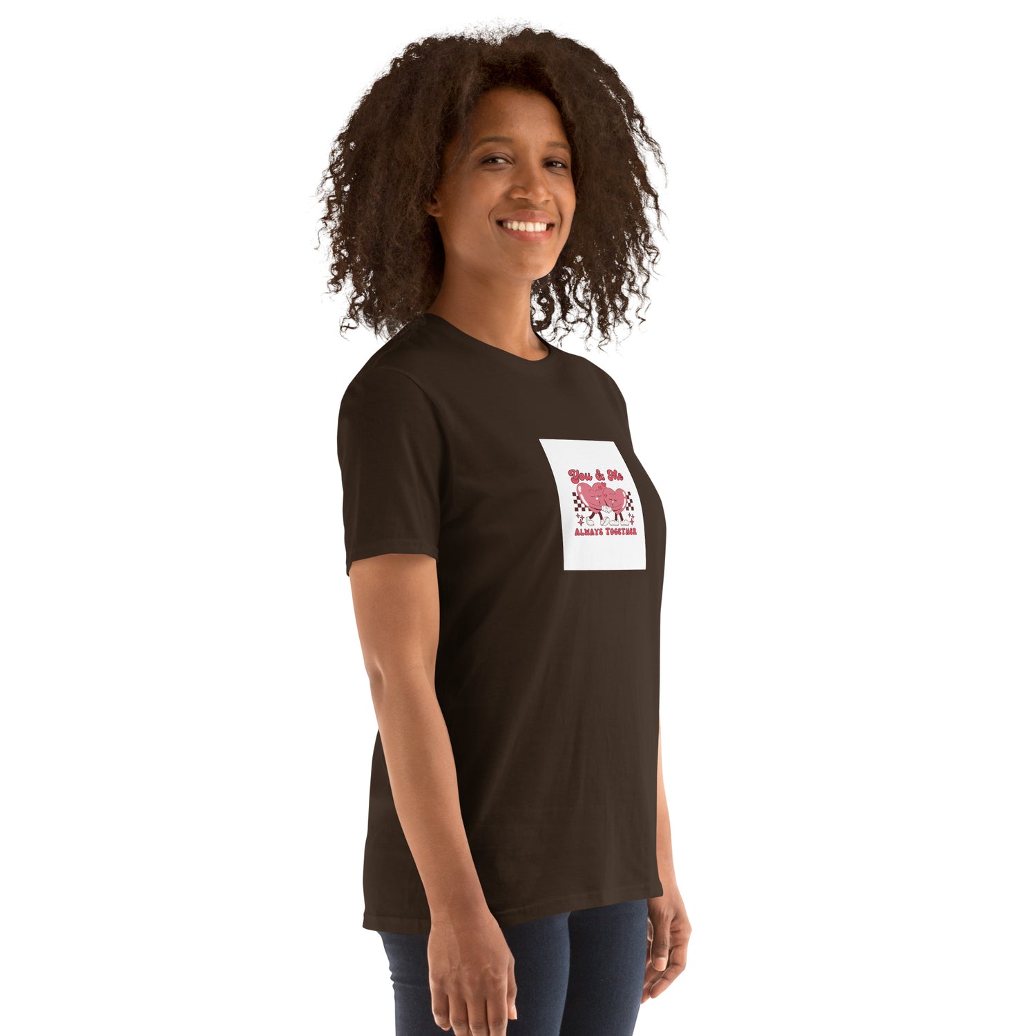 You &amp; Me Always Together unisex T-shirt in dark brown with front graphic, short sleeves