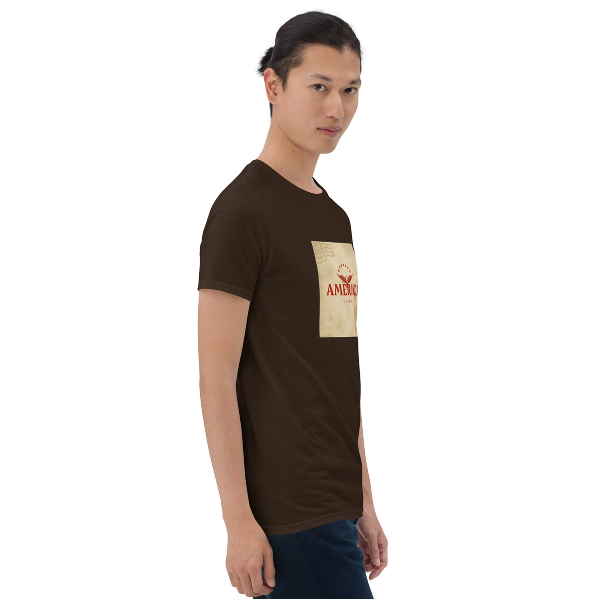 Dark chocolate unisex graphic tee, front view with America square chest print