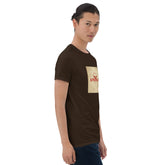 Dark chocolate unisex graphic tee, front view with America square chest print