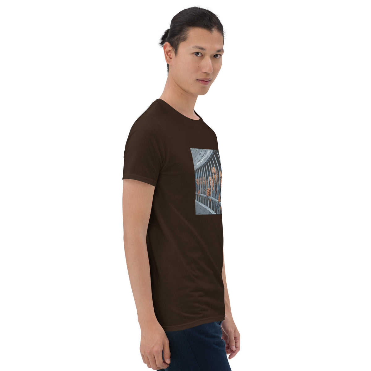 Dark chocolate graphic tee with framed bars photo on chest, front three-quarter view