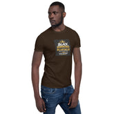 Dark chocolate unisex crew-neck T-shirt, front view, centered slogan graphic