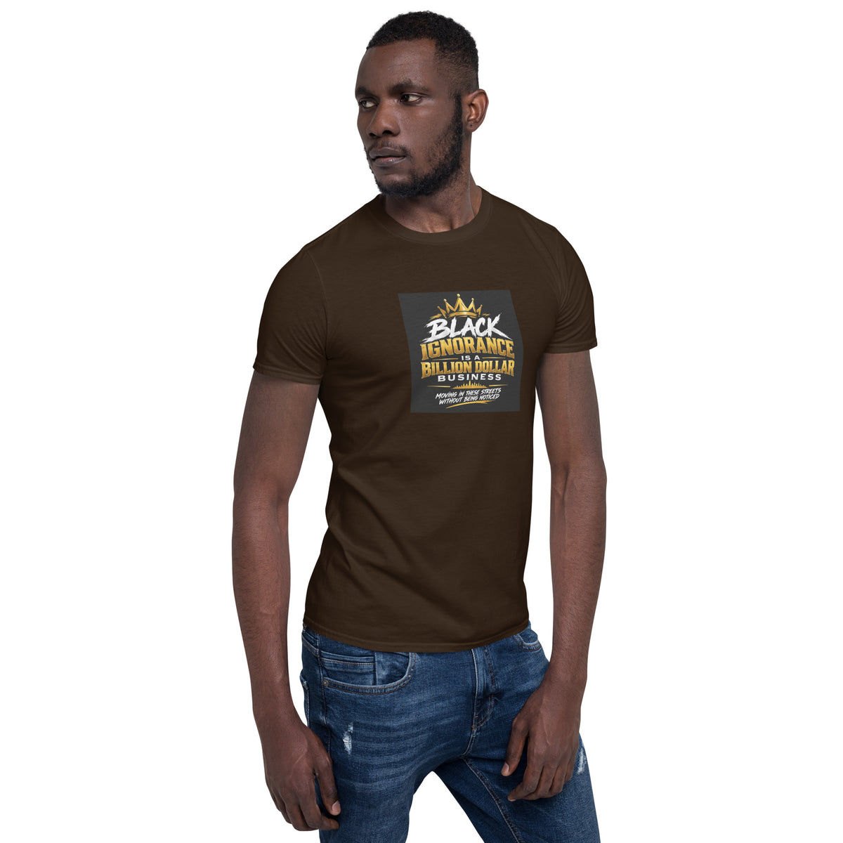 Dark chocolate unisex crew-neck T-shirt, front view, centered slogan graphic