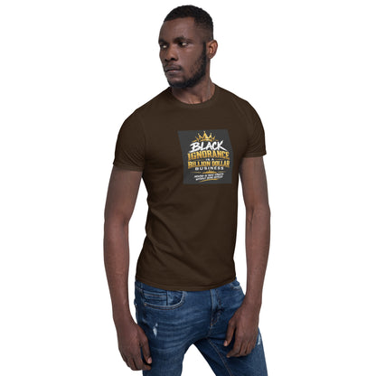 Dark chocolate unisex crew-neck T-shirt, front view, centered slogan graphic