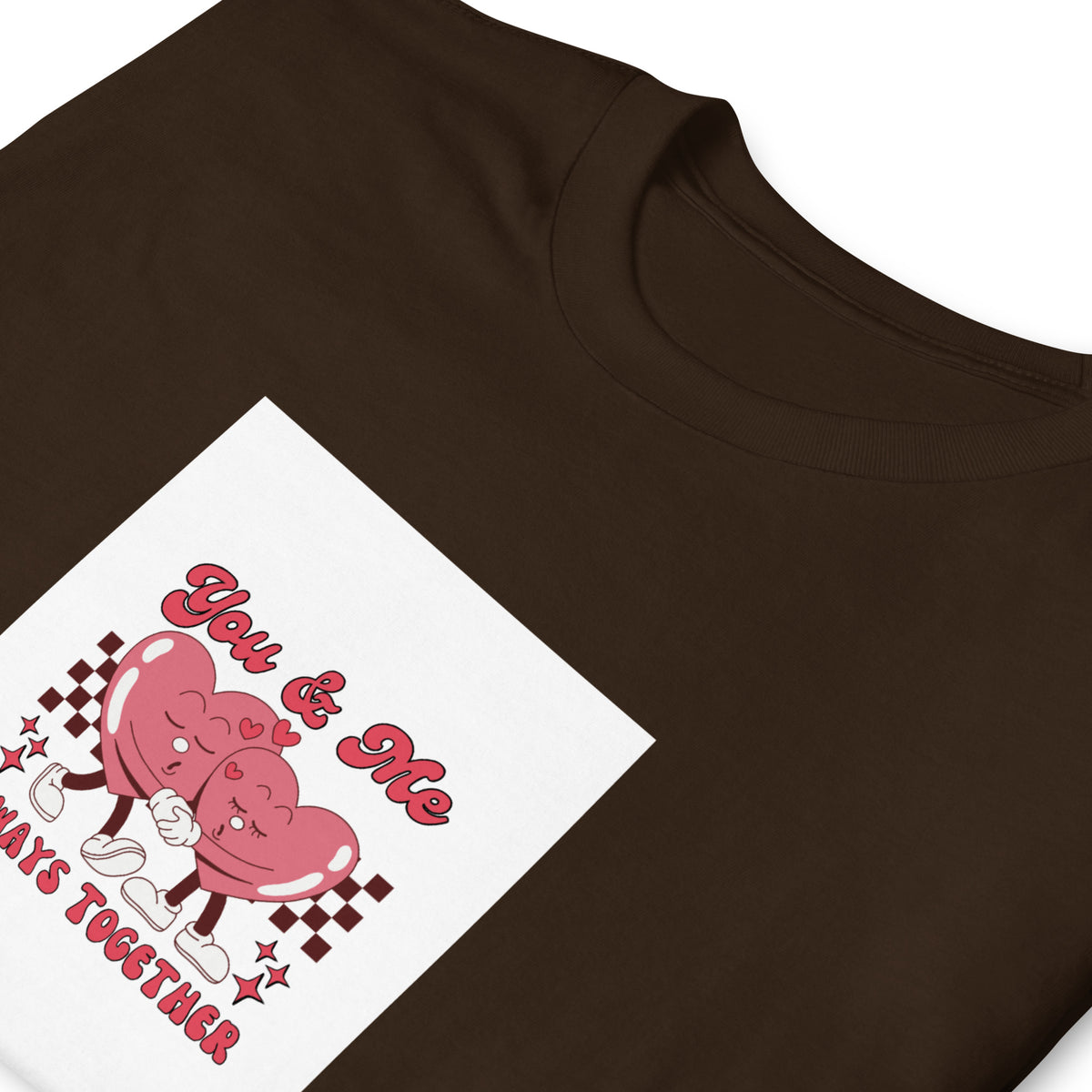 Dark brown graphic tee with pink “You &amp; Me” couple on white diamond print