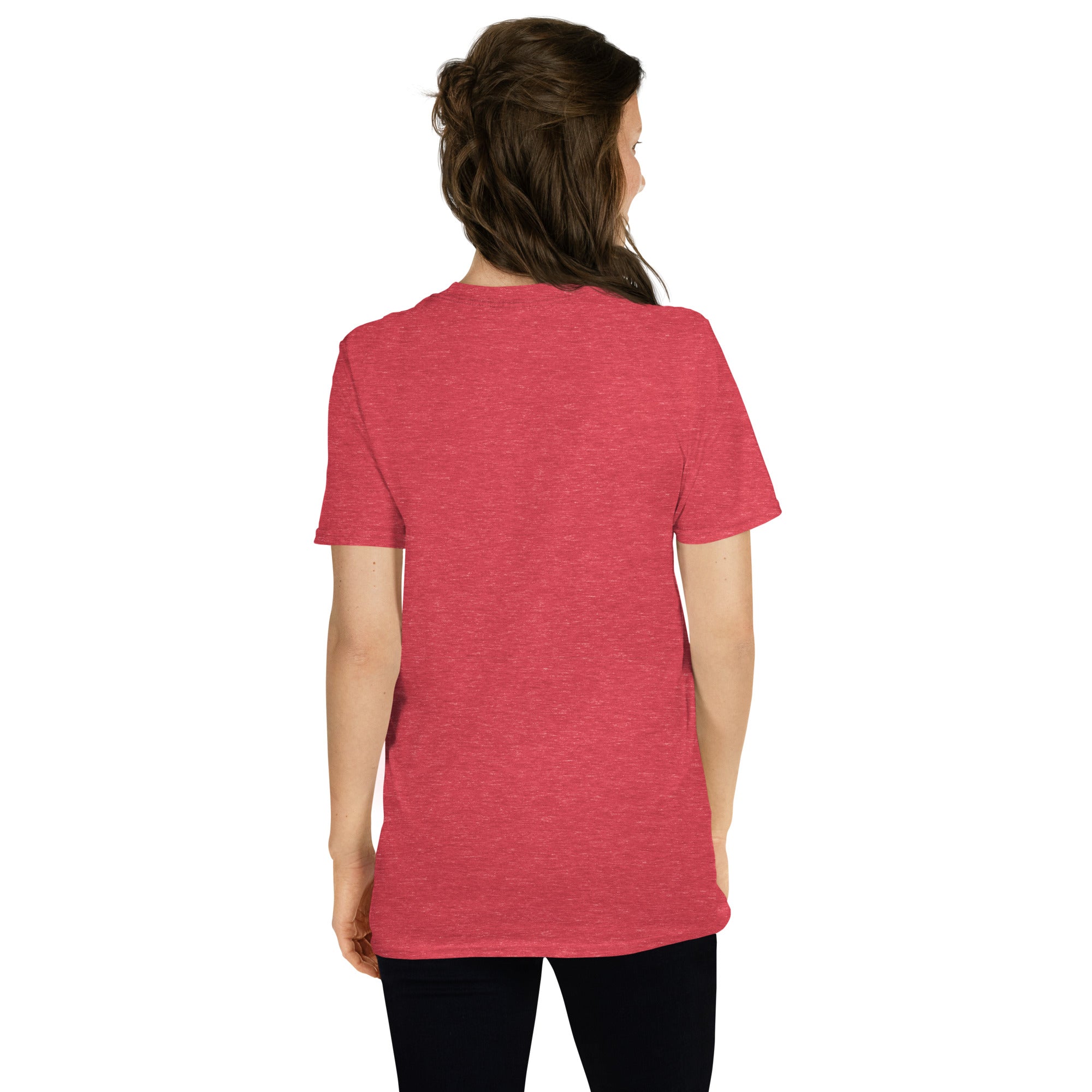 Heather red unisex T-shirt, back view, crew neck short sleeves
