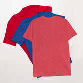 Set of unisex short-sleeve T-shirts in heather red and blue, no visible chest graphic