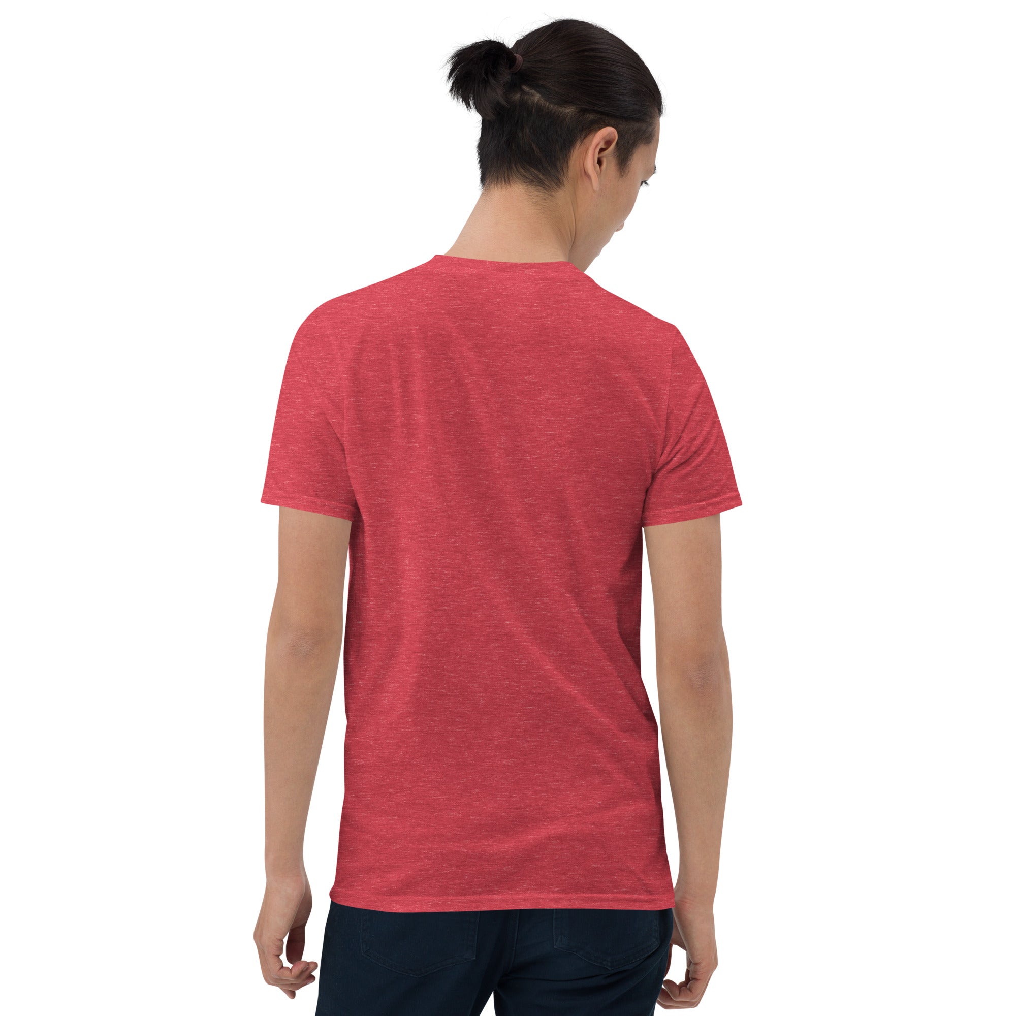 Unisex short-sleeve T-shirt, heather red, back view with crew neck