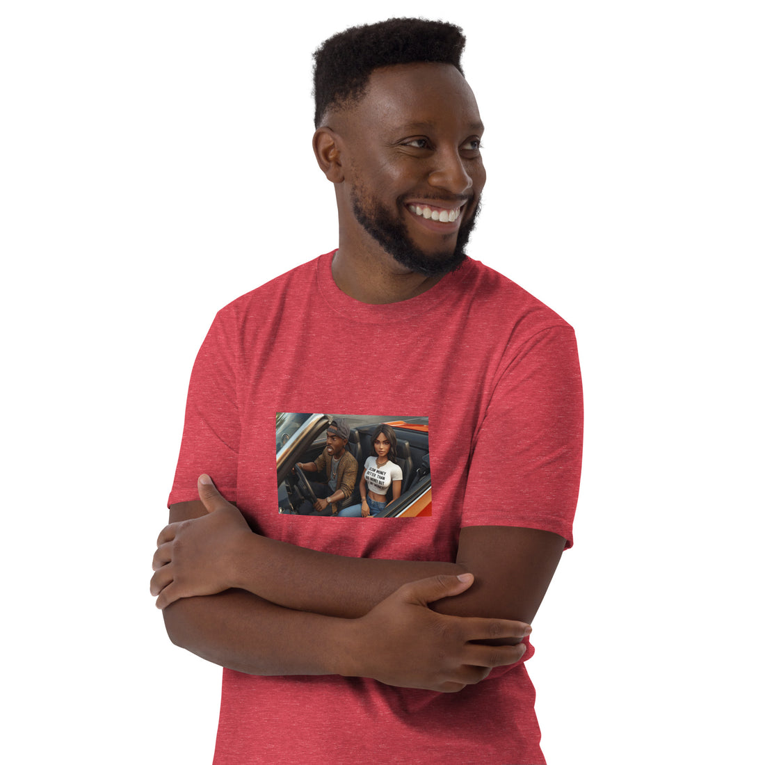Red unisex short-sleeve T-shirt with centered rectangular photo-style graphic