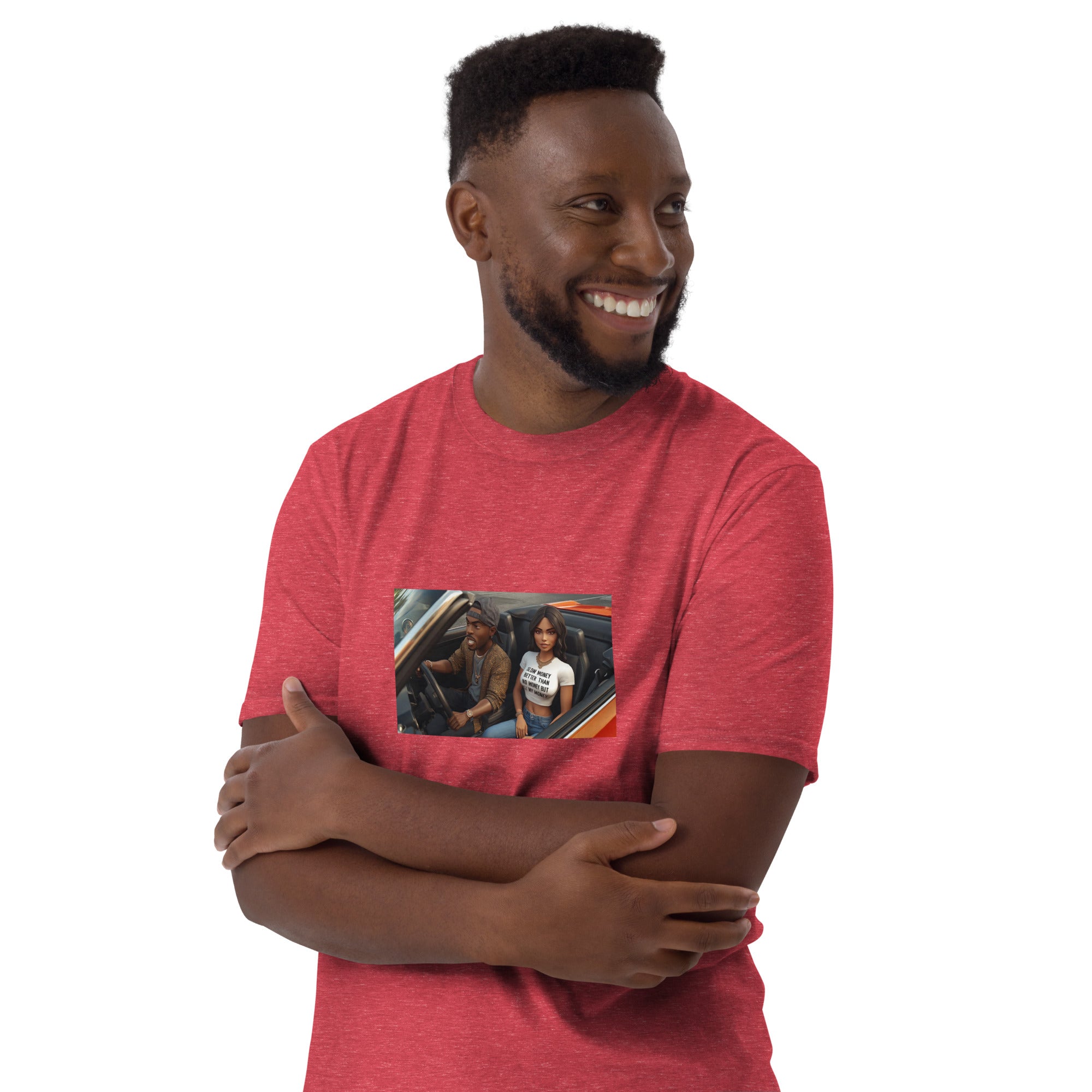 Red unisex short-sleeve T-shirt with chest photo graphic and crew neck
