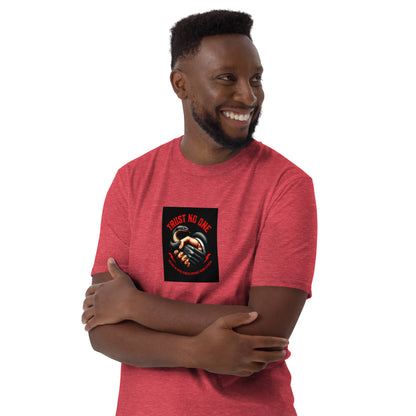 Red unisex T-shirt with front square “Trust No One” graphic print