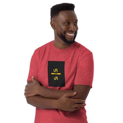 Red unisex short-sleeve T-shirt with front square “US AGAINST US” graphic
