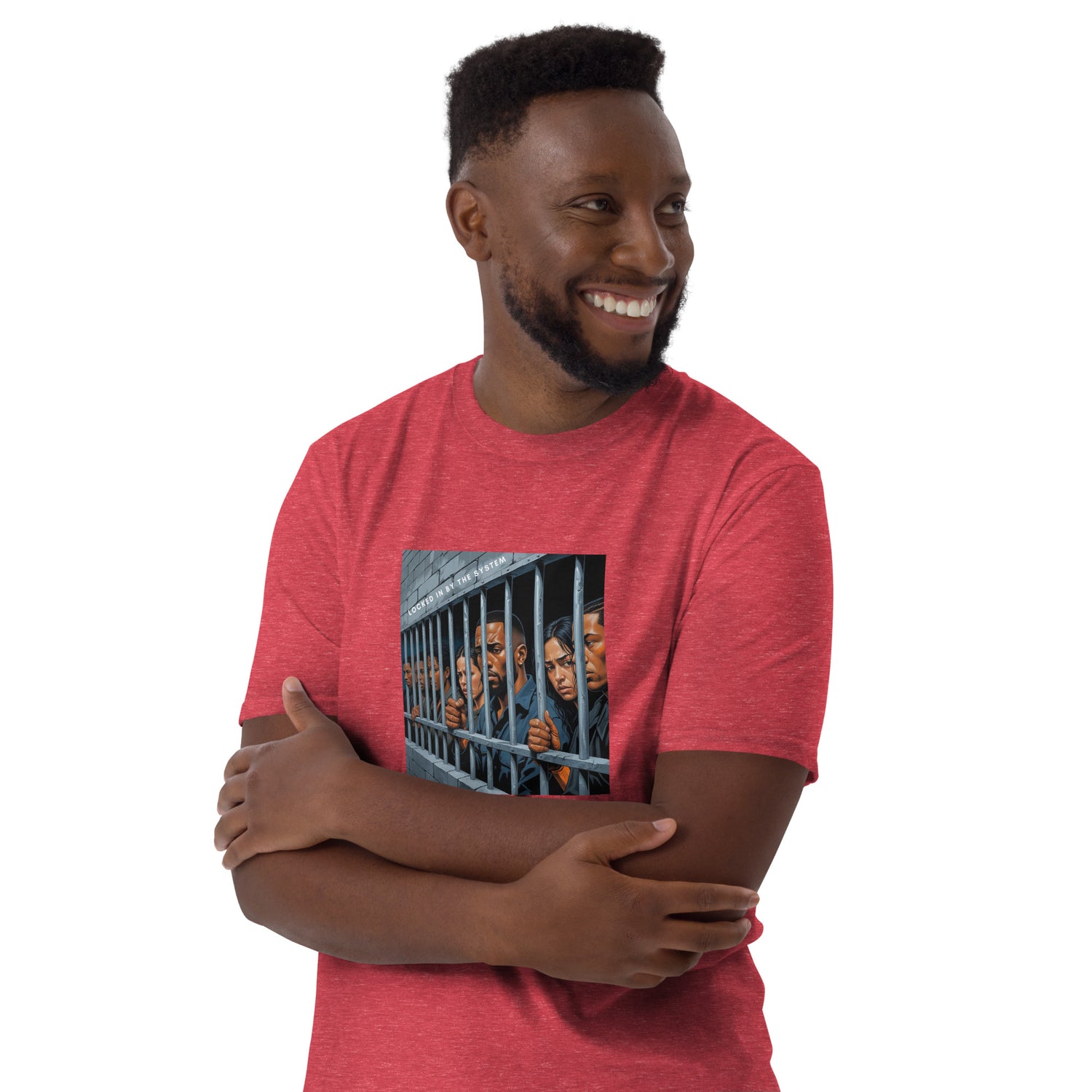 Red short-sleeve unisex T-shirt with front bar graphic print