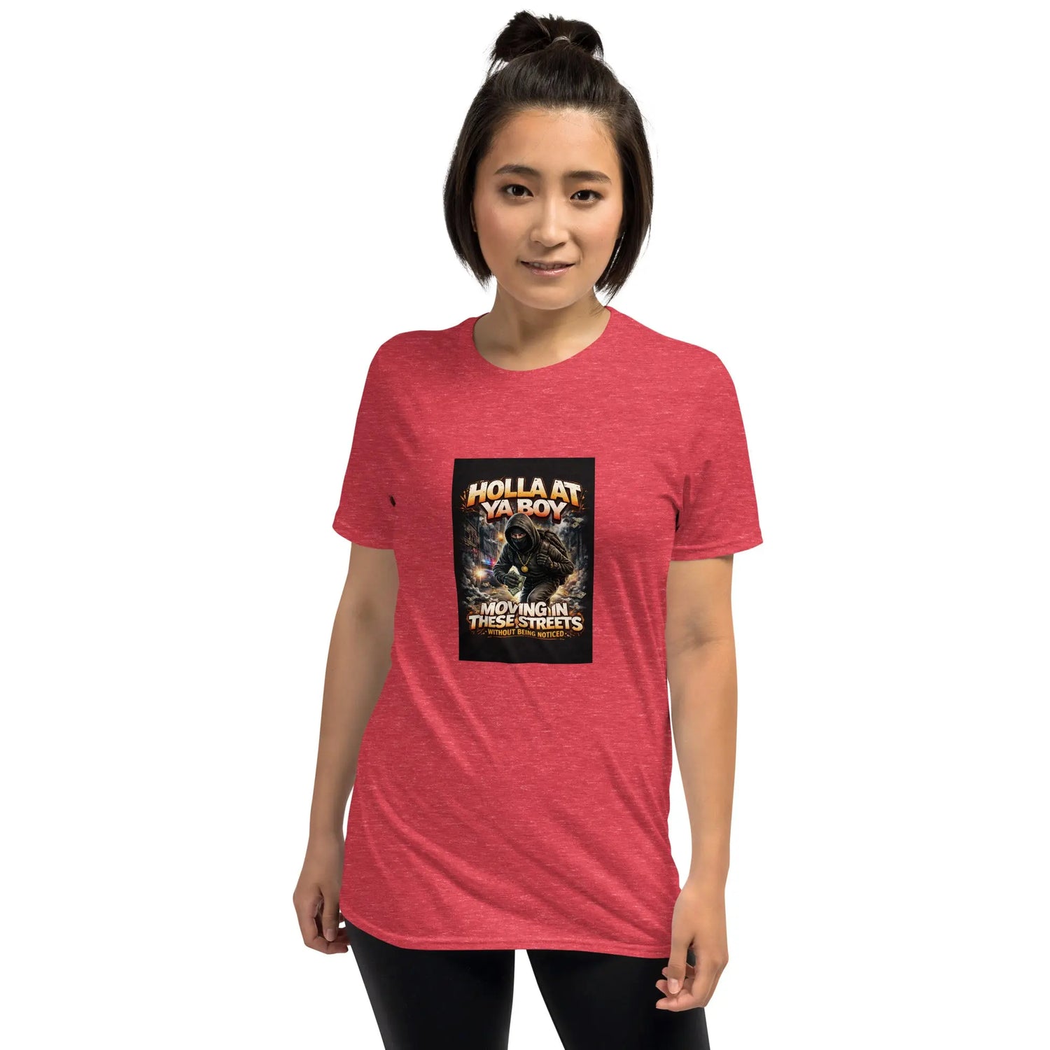 Unisex T-shirt in heather red, front view, crew neck, square graphic print