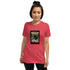Unisex T-shirt in heather red, front view, crew neck, square graphic print