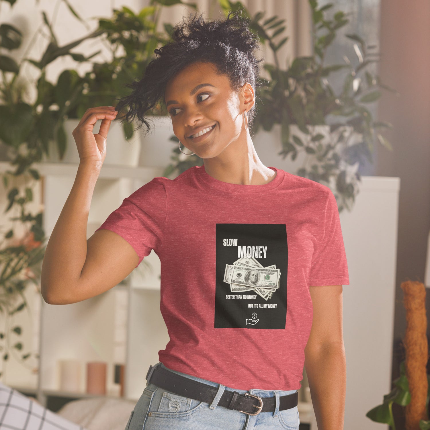 Heather red unisex T-shirt with short sleeves and &