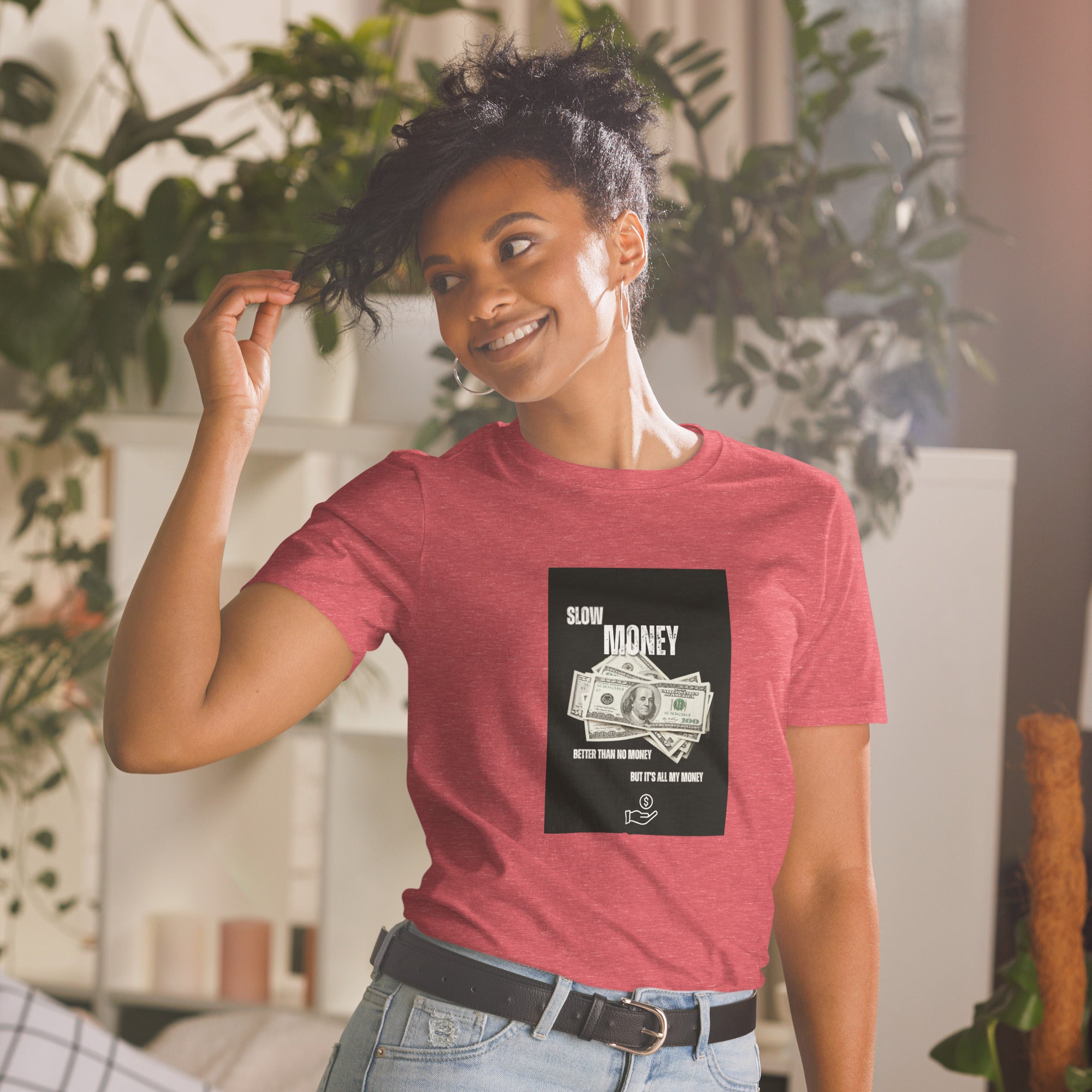 Heather red unisex T-shirt with short sleeves and &