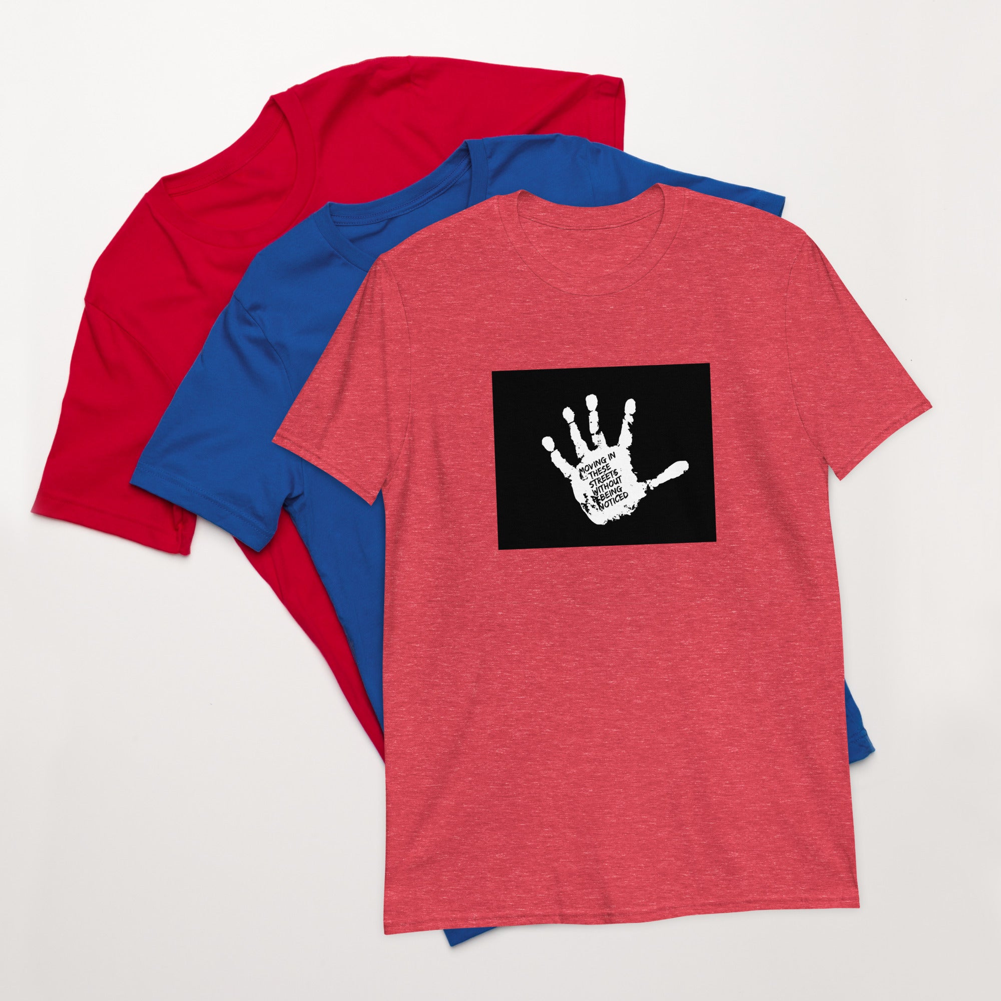 Moving In These Streets unisex T-shirt, heather red, white handprint graphic