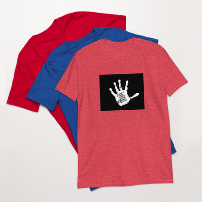 Moving In These Streets unisex T-shirt, heather red, white handprint graphic