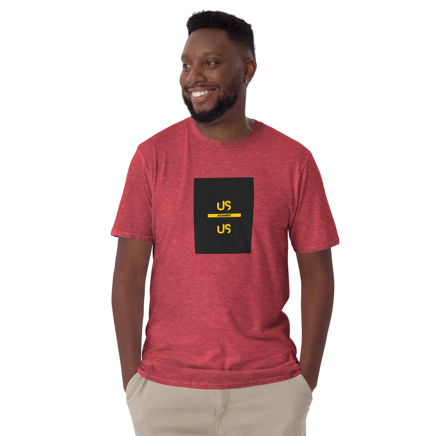 Heather red unisex short-sleeve T-shirt with front square “US against US” graphic
