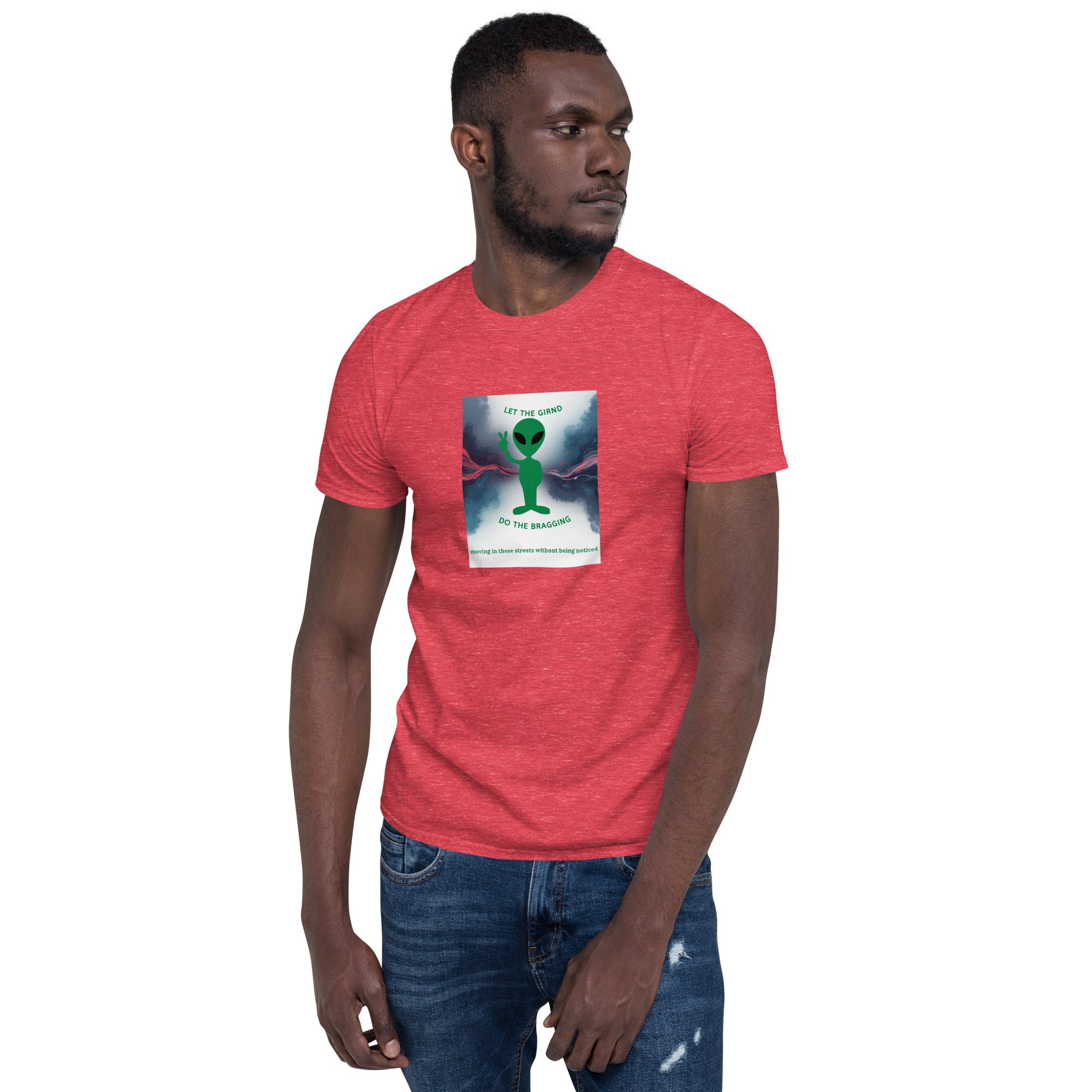 Heather red unisex T-shirt with front graphic, crew neck